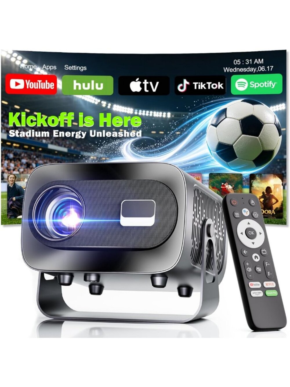 WiFi & Bluetooth Projector, 1080P HD, Electric Focus, Portable for Home